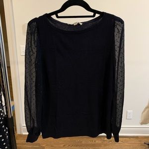 Navy Sweater with Sheer Polka Dot Sleeves